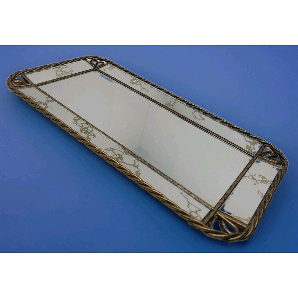 Vintage Homco Mirror w Gold Metal Frame Wall Hanging Tabletop Decor Vanity Tray